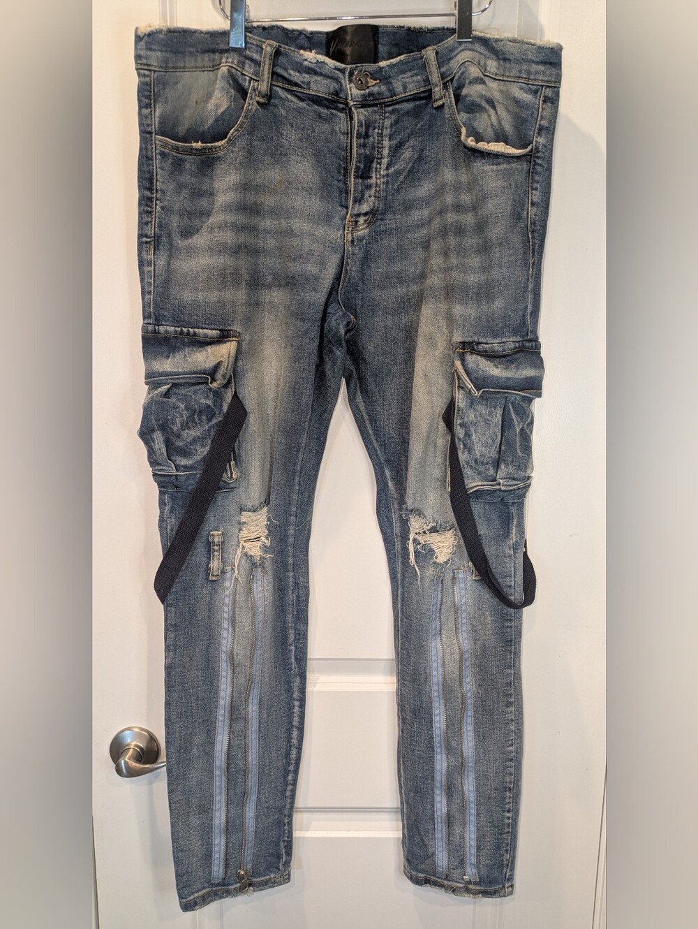 Valabasas Mens 36 Distressed Cargo Jeans Straps Zipper Streetwear Blue